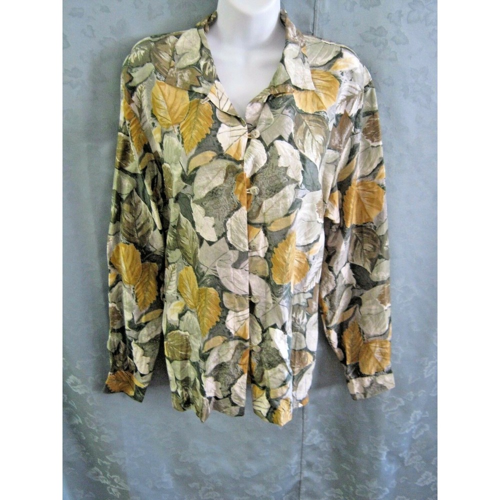 VTG Stunt Women's Shirt Size Large Leaf Print 100% Silk Oversized Top